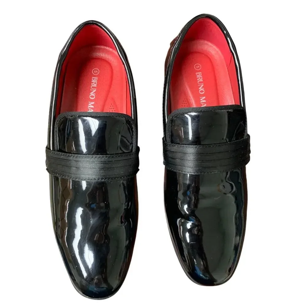 Bruno Marc Boys Size 5 Black Faux Leather Slide On Loafer Dress Tuxedo Shoes